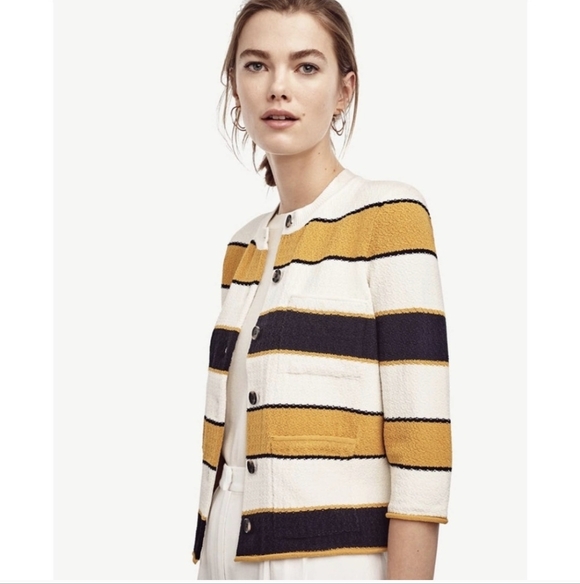 Ann Taylor Striped Nautical Cardigan Sweater, Yellow, White, & Black (SIZE S) - Picture 2 of 13